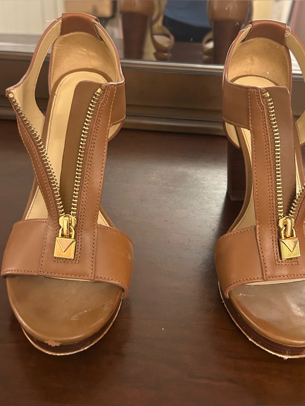 Michael Kors Cognac Leather Zip T-Strap Block Heel Sandals